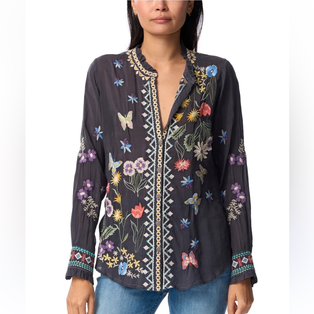 Johnny Was Black Floral Embroidered Top